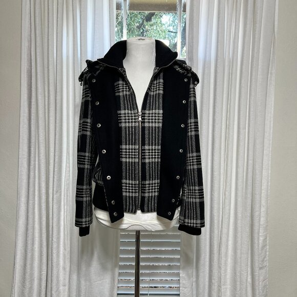 New York & Company Plaid Hooded Jacket Black White M Snap Zip Wool Blend - Picture 1 of 12
